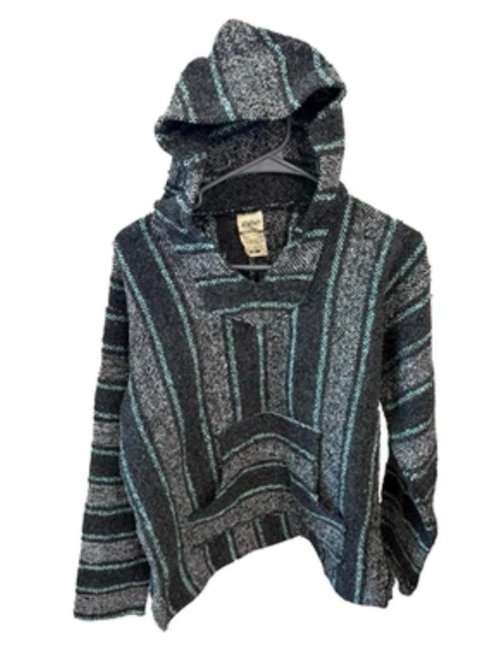 Veracruz Baja Hoodie Striped Black & Teal Sz M Roo Front Pocket